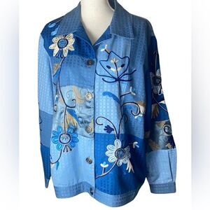 Indigo Moon Women’s Sz Med Blue Embroidered Floral Boho Art to Wear Jacket